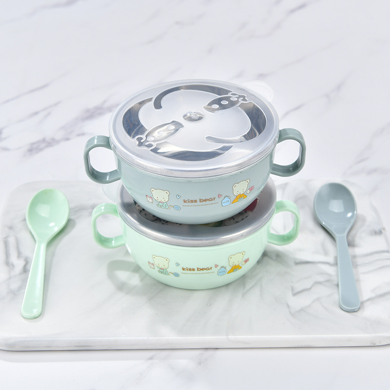 Stainless Steel Baby Feeding Bowl Set – Insulated, Double-Layered, Cartoon Design, With Lid and Spoon | 1 Pcs